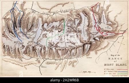 Eine Karte aus dem Jahr 1859 mit dem Titel „Karte des Mont Blanc-Massivs“. Der Mont Blanc ist der höchste Berg in den Alpen und Westeuropa. Der Berg liegt zwischen den Regionen Aostatal, Italien, und Savoie und Haute-Savoie, Frankreich. Die Karte zeigt die Routen der Bergsteiger Wills, V. Hawkins und Tyndall. Stockfoto