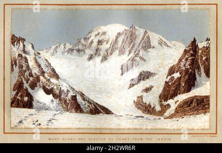 Ein lithographischer Druck von 1859 mit dem Titel „Mont Blanc and Glacier du Géant from the Jardin“. Der Glacier du Géant ist ein großer Gletscher auf der französischen Seite des Mont-Blanc-Massivs in den Alpen. Stockfoto