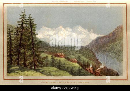 Ein lithographischer Druck aus dem Jahr 1859 mit dem Titel „Blick vom Chalet de Villard“, der Aiguille d'Argentière, Aiguille Verte und Aiguille du Dru, alle Berge des Mont-Blanc-Massivs an der Grenze zwischen Frankreich und der Schweiz, zeigt. Stockfoto