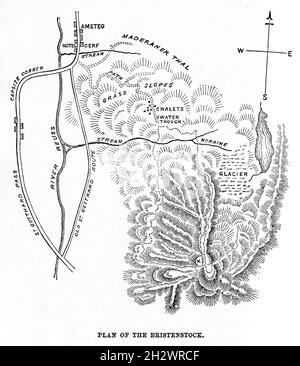 Eine Holzschnitt-Illustration aus dem Jahr 1859 mit dem Titel „Plan of Bristenstock“. Eine Karte von Bristenstock, einem Berg in den Glarner Alpen, im Schweizer Kanton Uri, Schweiz. Stockfoto