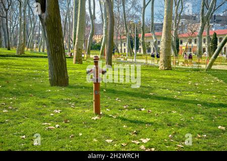 dolmabahce öffentlicher Park und Feuerlöscher-Abfüllmaschine im gulhane Park istanbul mit grünem Gras bedeckt. Stockfoto