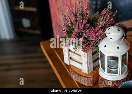 Rosa Heidekraut im Topf, Geschenkbox mit Spitzenbogen, Chrysantheme mit Kerzen, Vintage-Fensterläden auf dem Hintergrund.Blühender Heidekraut Stockfoto