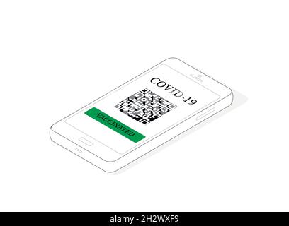 Impfpass auf dem Bildschirm eines Mobiltelefons mit einem QR-Code und einem Impfzeichen. COVID-19. Flache Vektorgrafik. Stock Vektor