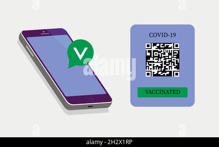 Impfpass auf dem Bildschirm eines Mobiltelefons mit einem QR-Code und einem Impfzeichen. COVID-19. Flache Vektorgrafik. Stock Vektor