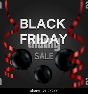 Schwarzes freitagsbanner mit Luftballons und Streamer Stock Vektor