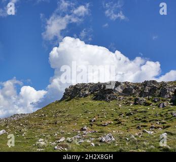 Karbon-Kalkstein-Aufschluss auf dem Gipfel des Crook Peak am westlichen Rand der Mendip Hills in Somerset UK Stockfoto