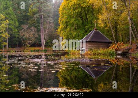 Pitlochry, Schottland, Großbritannien. Oktober 2021. Herbstliche Farben auf Bäumen und Bootshäusern spiegeln sich in Loch Dunmore bei Pitlochry, wie von einer Drohne aus gesehen. Die Wälder und Wälder von Perthshire sind derzeit in Herbstfarben gehalten. Iain Masterton/Alamy Live News. Stockfoto