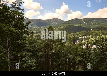 Blick vom Karpatka-Hügel auf den Karkonosze-Berg Stockfoto