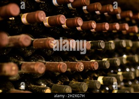 Nahaufnahme von Reihen staubiger Rotweinflaschen, die auf dem Regal in einem Keller auf einem Weingut in einem Konzept für Weinbau, Önologie und Weinproduktion in einem Re reifen Stockfoto