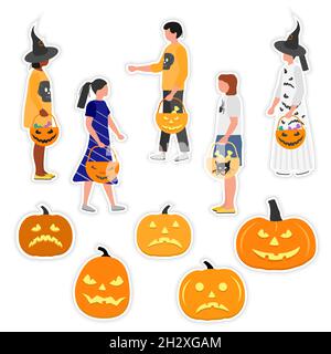 Vektor-Illustration Happy Halloween Sticker Set Kinder tragen festliche Kleidung, Kostüme Halloween Party. Trick or Treat. Jack O'Lantern. Kürbis. Kind Stock Vektor