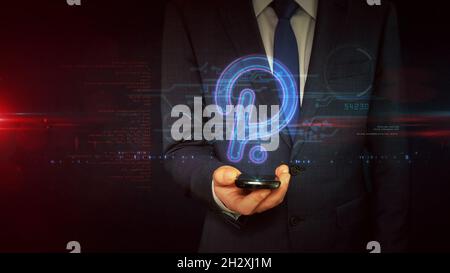 Polkadot-Zeichenkonzept, Polka dot Kryptowährung Token, Blockchain-Währung, Fintech und Business-Technologie. Der Geschäftsmann berührt das Hologramm-Display in Stockfoto