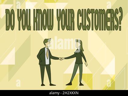 Konzeptionelle Darstellung Kennst du die Frage deiner Kunden? Wort für die Frage, einen Kunden zu identifizieren, ist die Natur Mann und Frau stehen gegenüber jedem Stockfoto