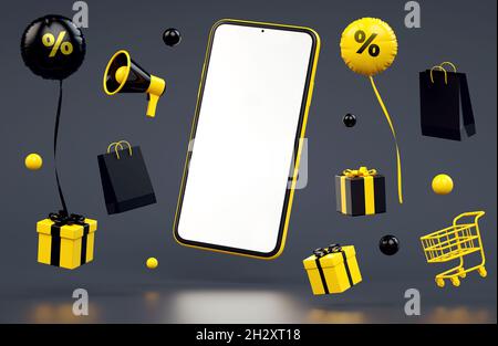 Black Friday Handy-Mockup leeren Bildschirm Flyer auf einem dunklen Hintergrund und schwebende Sachen in 3D-Rendering. Banner für Sonderangebote und Online-Shopping Stockfoto