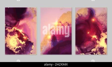 Satz von Marmormustern. Burgundische, violette und goldene Geodentexturen mit Glitzer. Abstrakter Vektor-Hintergrund in der Alkoholtinte-Technik. Moderne Farbe mit Stock Vektor