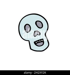 Halloween-Gekritzel. Lachendes Skelett auf weißem Hintergrund isoliert. Von Hand gezeichneter gruseliger Schädel. Mystischer Skizzencharakter. Vektorgrafik Knochen Stock Vektor
