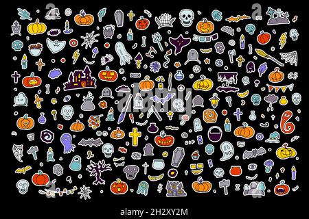 Großes Doodle Halloween Aufkleber-Set. Handgezeichneter Geist, Kürbis, Kerzen, Schädel, Fledermaus auf schwarzem Hintergrund. Niedliche gruselige Horror-Zeichen Banner für Herbst ho Stock Vektor