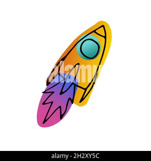 Heller Raum Doodle Aufkleber. Rakete auf weißem Hintergrund isoliert. Gradient rosa, orange, blau neonfarben astronomisches Objekt. Raumschiff Symbol von trav Stock Vektor