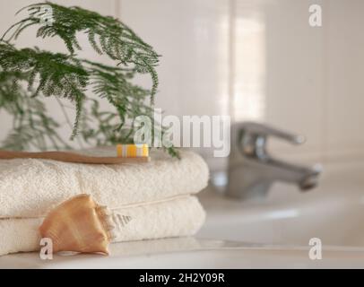 Kakerlaken, Badetücher aus weißer Baumwolle und Bambuszahnbürste auf unscharfem Hintergrund im Badezimmer mit Waschbecken und Wasserhahn Stockfoto