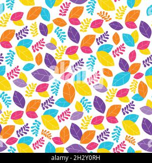 Nahtlose Vektor-Muster abstrakte Herbstblätter - blau rot gelb orange. Wiederholter Hintergrund. Verwenden Sie für Stoff, Tapete, Verpackung, Wohnkultur Stock Vektor