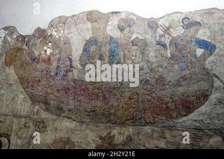 Chinesisches Boot, Afrasiab-Wandmalereien, Bilder der Botschafter, Afrasiab Museum, Afrosiyob-Samarqand shahar tarixi muzeyi, Samarkand, Usbekistan, Asien Stockfoto