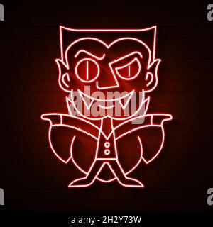 Vampir-Neon-Symbol. Dracula Halloween-Charakter auf Backsteinwand Hintergrund. Halloween-Konzept. Vektorgrafik kann für Straßenwandschilder verwendet werden Stock Vektor