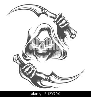 Tattoo of Skull in a Hood hält Sensen in Händen isoliert auf weiß. Vektorgrafik. Stock Vektor