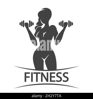 Bodybuilder Gym oder Fitness ClubTemplate. Athletic Woman Holding Weight Silhouette isoliert auf Weiß. Vektorgrafik. Stock Vektor