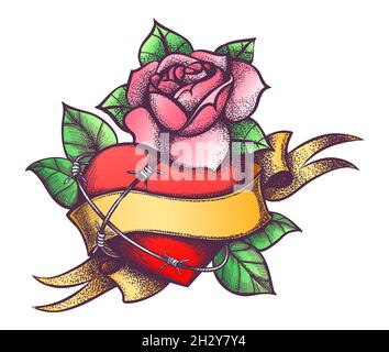 Bunte Tattoo von Herz und Rosenblume und Stacheldraht isoliert auf weiß. Vektorgrafik. Stock Vektor