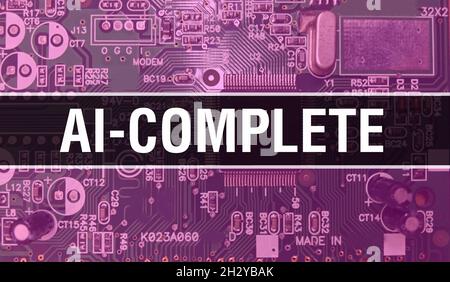 AI-komplettes Konzept mit Computer-Mainboard. AI-vollständiger Text auf Technologie Motherboard Digital Technologie Hintergrund geschrieben. AI-komplett mit Prin Stockfoto