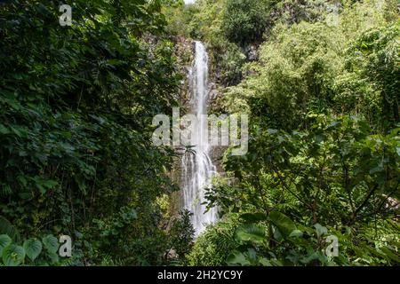 Landschaftlich schöner Blick auf die Wailua Wasserfälle in der Nähe von Hana, Maui, Hawaii Stockfoto