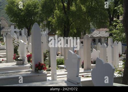 Bosnien-Herzegowina, Herzegowina-Region, Mostar, moslemischer Friedhof an der Hauptstraße | Bosnien-Herzegowina, Mostar, muslimischer Friedhof Stockfoto