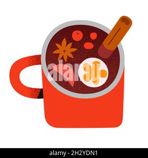 Glühwein im Becher, verziert mit Zimtstange, Anisstern und Orangenscheibe, festlichem Alkoholgetränk, heißem Rotwein mit Apfel und Gewürzen, handgezogen Stock Vektor