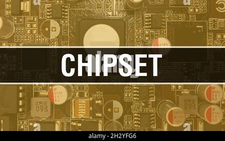 Abbildung des Chipsatzkonzepts mit Computerchip in der Leiterplatte. Chipsatz-Nahaufnahme des integrierten Platinen-Hintergrunds. Chipsatz auf Electronic Com Stockfoto