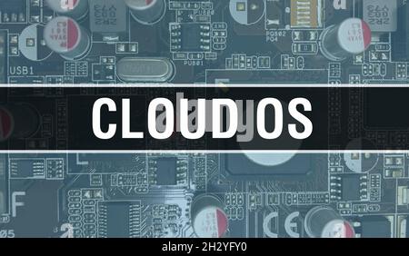 Cloud-OS-Konzept mit elektronischer integrierter Schaltung auf Leiterplatte. Cloud OS mit Computer-Chip in Leiterplatte abstrakten Technologie Hintergrund und Stockfoto