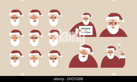 Satz von Santa Claus Emotionen, Avatare. Handgezeichnete Vektor-Illustrationen isoliert auf beigem Hintergrund. Neue Idee, Tafel mit Text, Lachen, Lachkonzept Stock Vektor