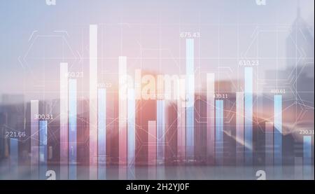 Universeller Hintergrund. Diagramme mit Zahlen auf dem Hintergrund der Stadt. Stockfoto