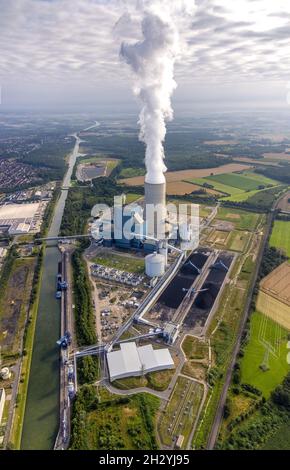 Luftaufnahme der Kraftwerksanlagen und Abgastürme des Kohlekraftwerks Datteln 4 Uniper Kraftwerk im Löringhof A Stockfoto