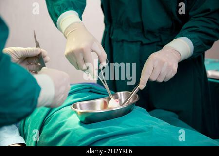Nahaufnahme Hände von Team Arzt und Chirurg, die Operation mit Patienten in der Operation im Krankenhaus, medizinische und Notfall, Spezialist und Assistent rec Stockfoto