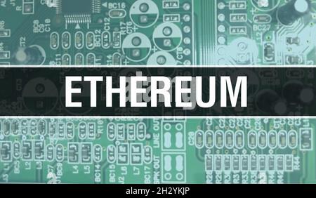 Ethereum mit elektronischen Komponenten auf integrierter Leiterplatte Hintergrund.Digital Electronic Computer Hardware und Secure Data Konzept. Computermotte Stockfoto