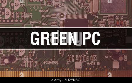 Grüner PC mit Hintergrund der elektronischen Computerhardware. Abstrakter Hintergrund mit elektronischer integrierter Schaltung und grünem PC. Elektronischer Kreis Stockfoto