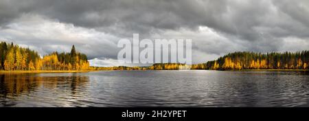 Panoramablick auf den schönen Waldsee in Finnland. Herbstlandschaft, Bäume in Herbstfarben. Stockfoto