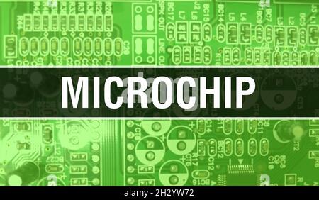 Microchip-Konzept mit Computer-Motherboard. Microchip Text geschrieben auf Technologie Motherboard Digitale Technologie Hintergrund. Microchip mit bedrucktem CI Stockfoto