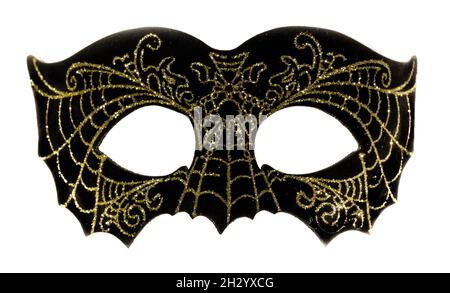 Schwarze und goldene Spiderweb Domino Maske isoliert auf weißem Hintergrund Stockfoto