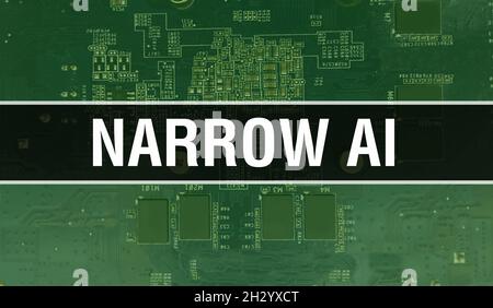 Enges KI-Konzept mit Computer-Mainboard. Enger KI-Text auf Technologie Motherboard Digital Technologie Hintergrund geschrieben. Schmale AI mit bedruckter CI Stockfoto