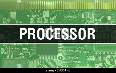 Prozessorkonzept mit Computer-Mainboard. Prozessortext auf dem Hintergrund der Technologie-Hauptplatine Digitale Technologie geschrieben. Prozessor mit gedruckter CI Stockfoto