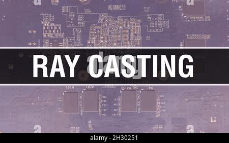 Ray Casting Konzept mit elektronischer integrierter Schaltung auf Leiterplatte. Ray Casting mit Computerchip in Circuit Board abstrakte Technologie Backgroun Stockfoto
