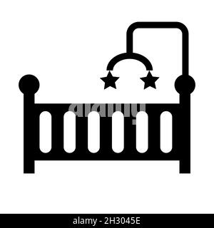 Baby Wiege Bett Symbol auf weißem Hintergrund. Kinderbett Zeichen. Babykrippe Symbol. Babybett mit aufgehängtem Spielzeug-Logo. Flacher Stil. Stockfoto