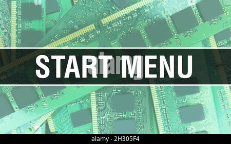 Start Menü Konzept mit elektronischer integrierter Schaltung auf Leiterplatte. Startmenü mit Computerchip im abstrakten Technologiehintergrund der Leiterplatte Stockfoto