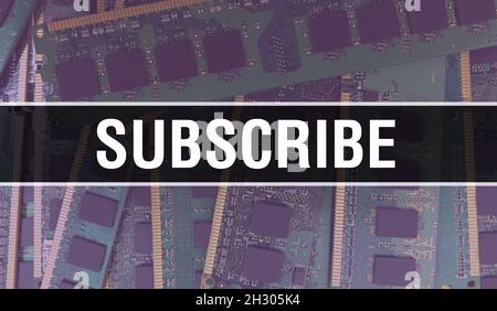 Abonnieren Sie das Konzept mit der Hauptplatine des Computers. Text abonnieren geschrieben auf Technologie Motherboard Digitale Technologie Hintergrund. Mit gedruckter CI abonnieren Stockfoto