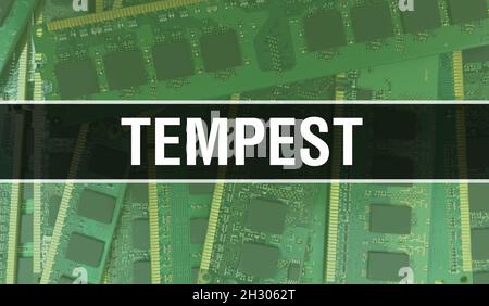 TEMPEST-Konzept mit Computer-Motherboard. STURM Text geschrieben auf Technologie Motherboard Digitale Technologie Hintergrund. STURM mit Leiterbahn Stockfoto